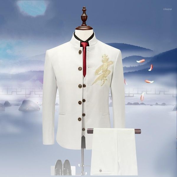 

men's fine suit. chinese tunic stand collar suit slim three-piece set jacket vest pants wedding dress men blazers suits &, White;black
