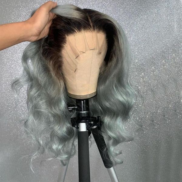 

brazilian remy blonde human hair ombre ashy blue for women transparent lace front 150 density wigs with preplucked hairline, Black;brown