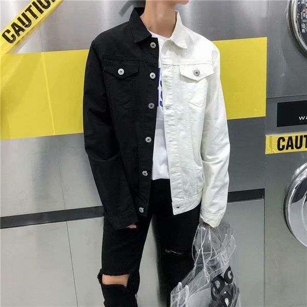 

men's jackets men streetwear black white two-tone patchwork slim fit jean motorcycle man hip hop cotton casual denim coats, Black;brown