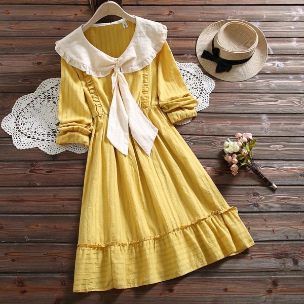 

casual dresses japanese preppy style autumn women cute dress yellow green tie cotton linen kawaii girl's ruffles mini gd199, Black;gray
