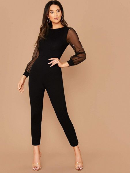 

faux pearl sheer mesh sleeve jumpsuit n6fo#, White