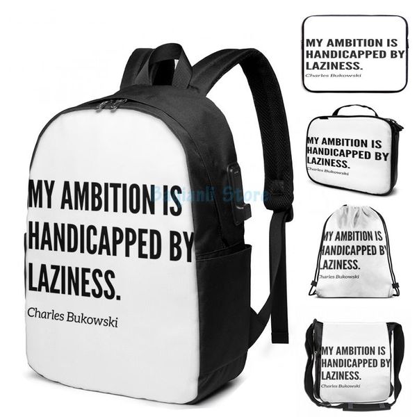 

funny graphic print my ambition is handicapped by laziness usb charge backpack men school bags women bag travel laptop