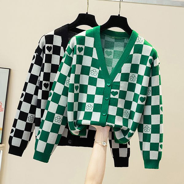 

new korean plaid knitted sweater harajuku women long sleeve solid buttons ladies sweater elegant female jacket clothes, White;black