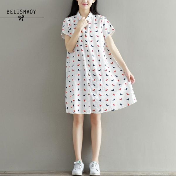 

short sleeve turn-down collar dresses mori girl summer women casual lovely cartoon printed shirt 210520, Black;gray