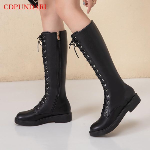 

boots black round toe low heel knee high lace up women motorcycle ladies autumn platforms shoes woman