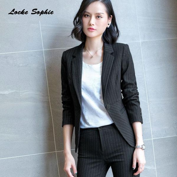 

women's suits & blazers 1pcs plus size slim fit coats 2021 autumn cotton blend stripe jackets ladies skinny, White;black