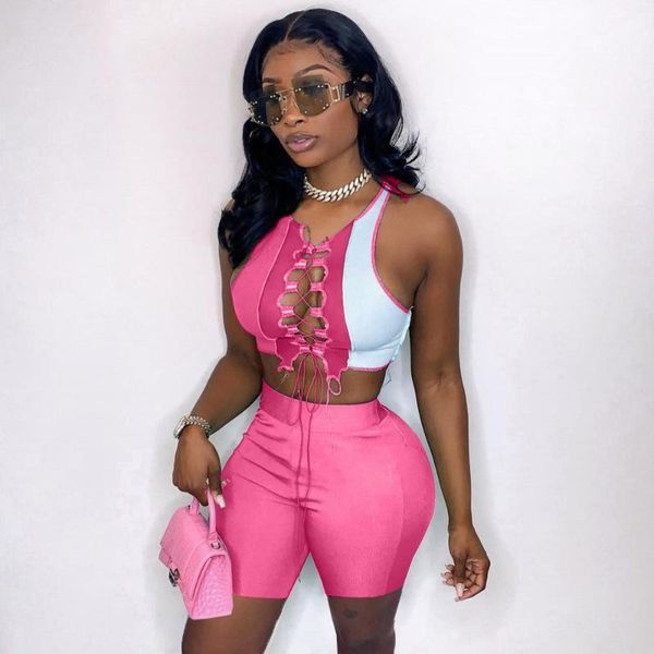 

women's tracksuits two piece shorts sets women outfits sleeveless lace up crop and 2021 summer splice hollow clubwear set, Gray