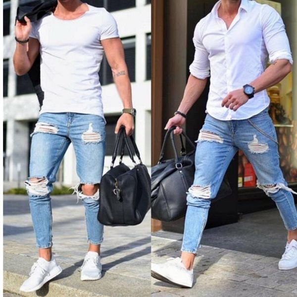 

men's jeans men knee ripped holes skinny destroyed fashion slim fit hip hop mens streetwear comfortable joggers szrn, Blue