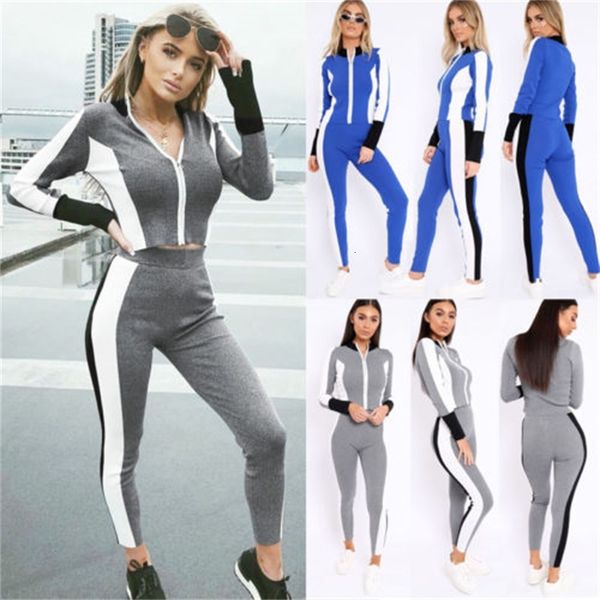 

women's two piece fashion women ladies 2pcs hooded color block zip up sweatshirt track high waist pants casual sweat suits tracksuit, White