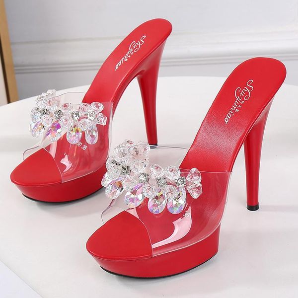 

slippers sandals women's crystal shoes word strip 2021 summer fashion 13cm15cm wild high heels with non-slip transparent, Black