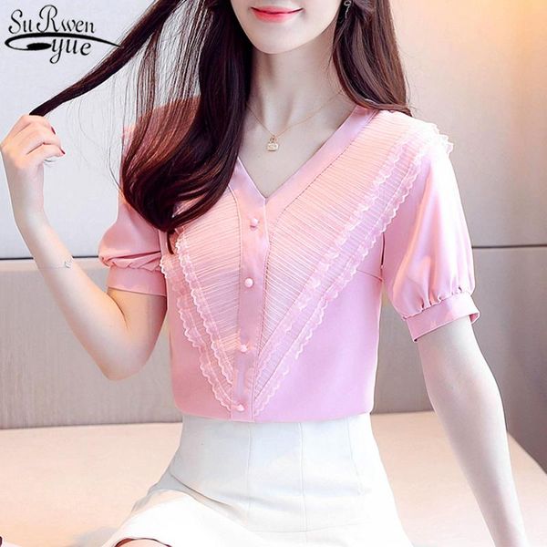 

summer woman's shirt solid loose slim v-neck female short sleeve chiffon blouse vintage lace ropa de mujer 9855 women's blouses &, White