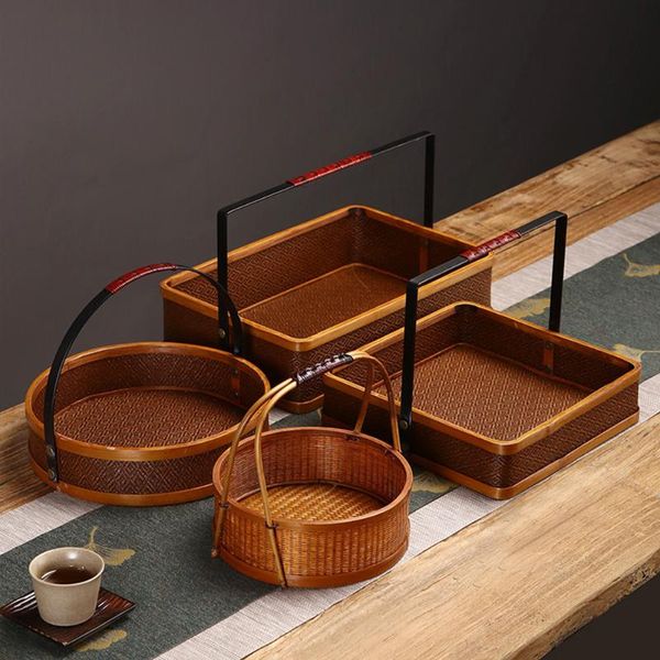 

storage baskets outdoor portable retro weave bamboo basket with handle for fruits nuts durable natural tea set box