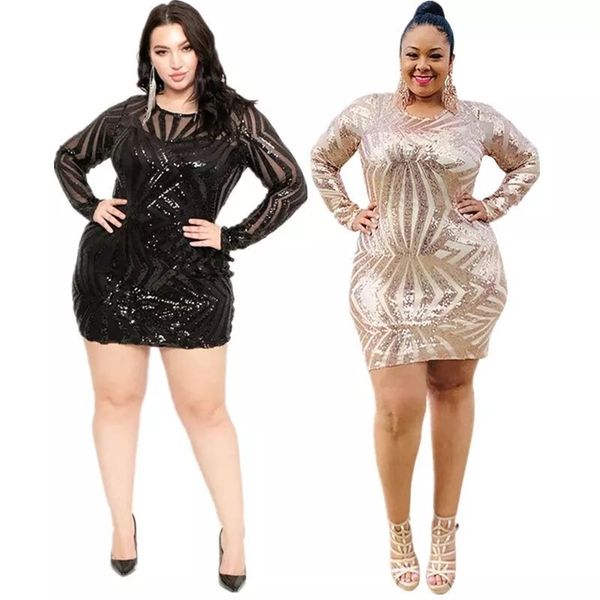 

plus size dress women wholesale mini sequins mesh patchwork elegant party es for drop 211023, Black