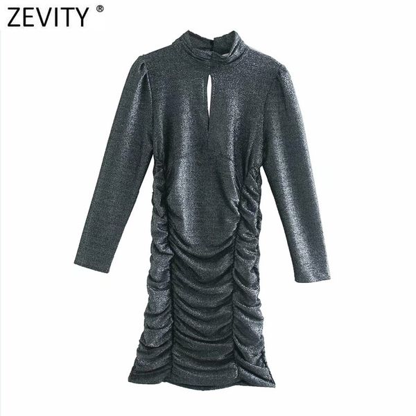

zevity women turtleneck collar metallic color slimming pleated mini dress femme long sleeve front hole vestido cloth ds4693 210419, Black;gray