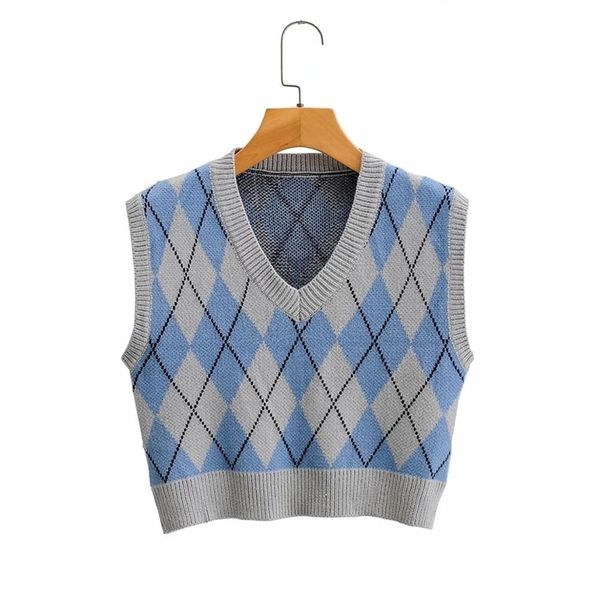 

argyle knitted sweater vest women sleeveless v neck casual streetstyle khaki autumn winter blue 210427, White;black