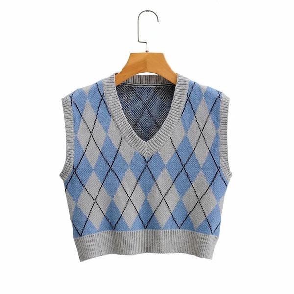 Argyle Strickpullover Weste Damen ärmellos V-Ausschnitt lässig Streetstyle Khaki Herbst Winter Blau 210427