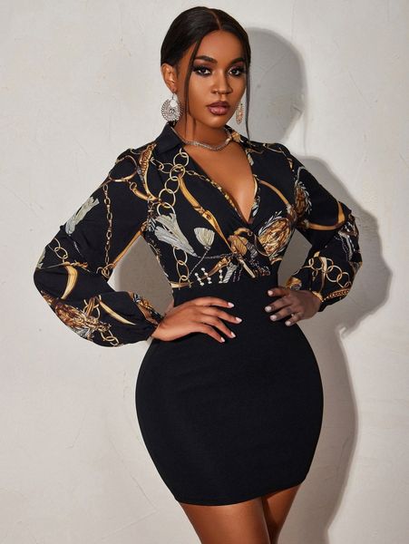 

sxy chain & tassel print bodycon dress u0mp#, Black;gray