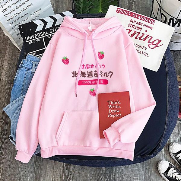 

women's hoodies & sweatshirts kawaii hokkaido strawberry milk printed hoodie autumn women jumper long sleeve pullover thickening, Black