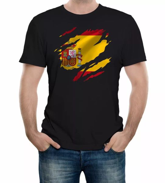 

torn spain flag men's t-shirt spanish madrid country national football, White;black