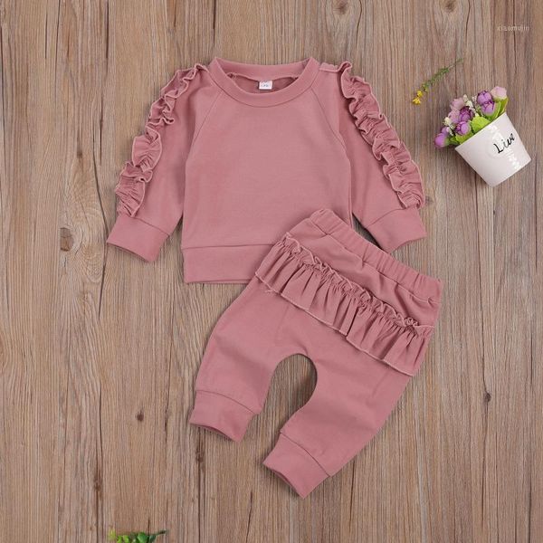 

clothing sets autumn infant baby girls clothes ruffles long sleeve solid pullover sweatshirt trousers pants 0-24m 4 colors, White