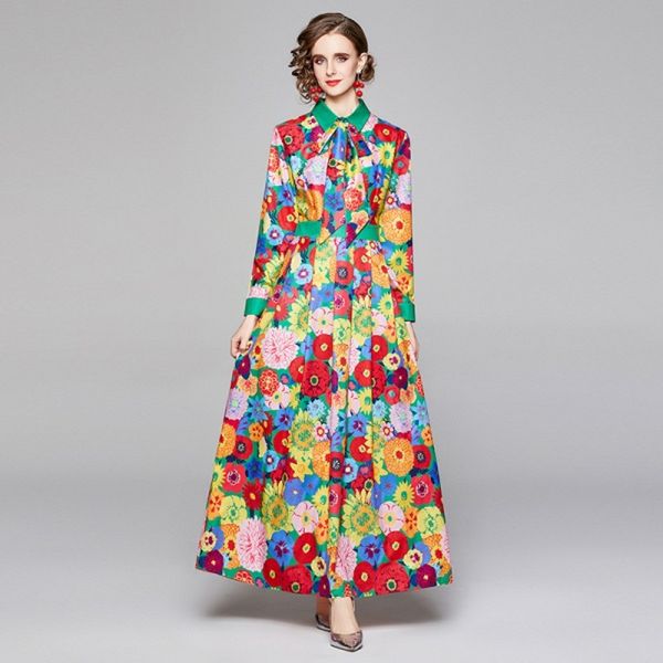 Kadın Bahar Vintage Maxi Elbise Pist Tasarımcısı Çiçek Plaj Boho Elbiseler Zarif Draped Yay Çiçek Uzun Elbise 210514