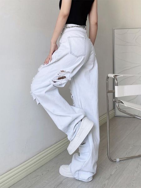 

women's jeans european and american street design loose versatile high waist ripped women front rear cut wide leg pants mopping, Blue