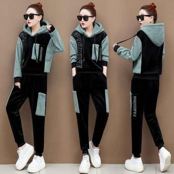 

thickened cashmere imitation leisure sports women's wear and winter fashion brand two piece sweater hoodies & sweatshirts, Black