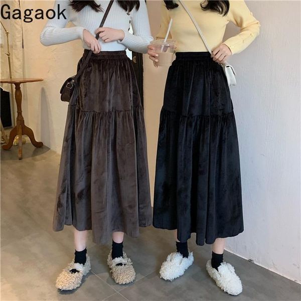 

skirts gagaok women vintage skirt spring autumn solid a-line mid-calf empire loose wild chic harajuku female fashion korean, Black
