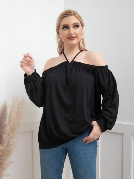 

plus cold shoulder solid sweatshirt u0te#, Black
