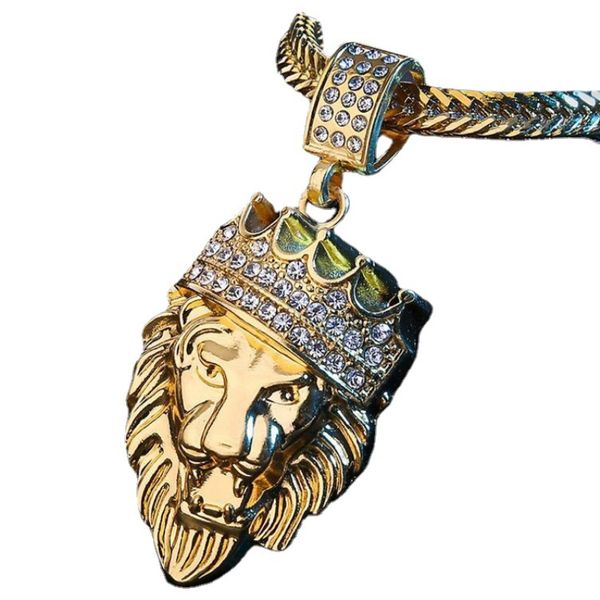 

gold color crown lion head crystal pendant necklace rock animal hiphop style rhinestone necklaces, Silver