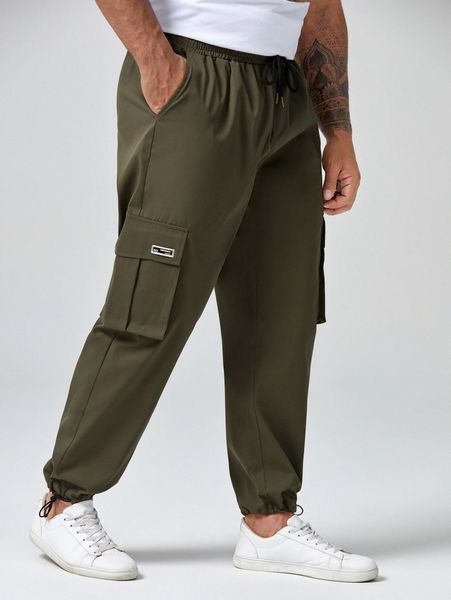 

extended sizes men flap pocket patched detail cargo pants s4wh#, Black