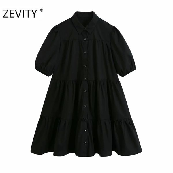 Mulheres simplesmente recusar colarinho sólido preto mini vestido escritório senhora pregas ruffles vestido chique casual vestidos soltos ds4418 210420