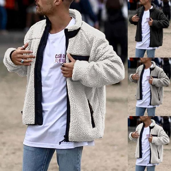 

men winter long sleeve stand collar faux fleece zipper pocket warm coat jacket uio9, Black;brown