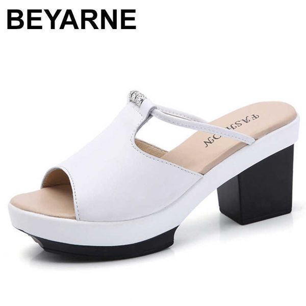 

beyarne women sandals shoes platform genuine leather slip on ladies causal sandal high heel square sandalse444 210712, Black