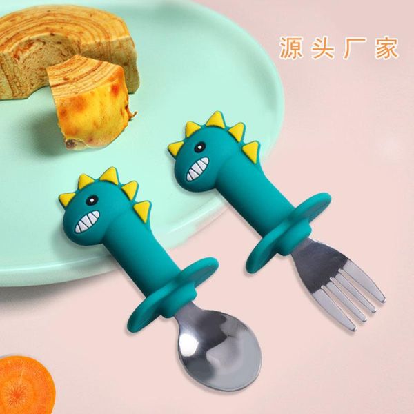 

spoons baby silicone spoon children's cartoon stainless steel training short fork cutlery set