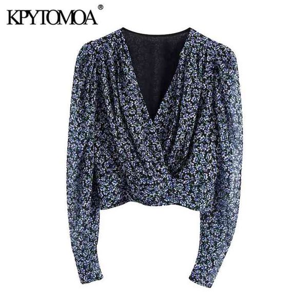 

women chic fashion floral print cropped blouses long sleeve back elastic hem female shirts 210420, Black;white