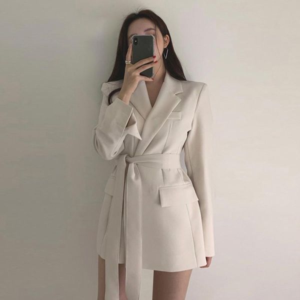 

women's suits & blazers 2021 women long outwear jacket sashes fall ol korean fashion solid british style elegant black beige blazer coa, White;black