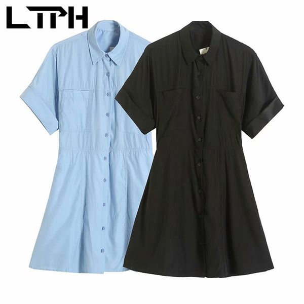 

ltph vintage short sleeve shirt dress women high waist double pockets solid single breasted elegant mini dresses summer 210423, White
