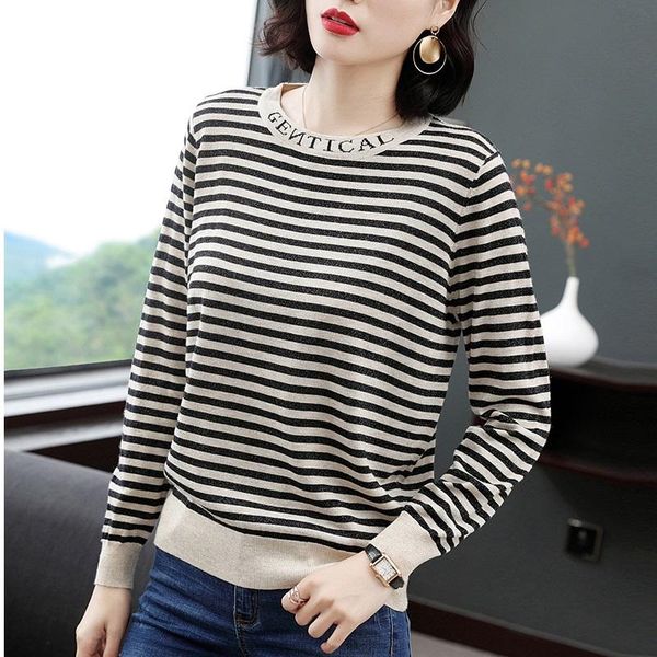 

women's sweaters tuangbiang woman striped lurex letter o-neck elasticity pullovers autumn loose bright-silk full sleeve knitted jumpers, White;black