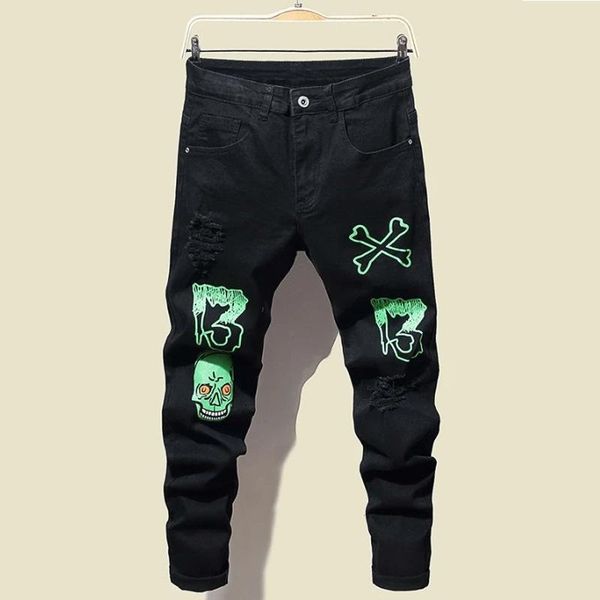 

men's jeans lugentolo skull men stretch slim fit trousers fall zipper mid waist ripped for, Blue