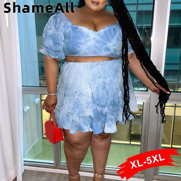 

plus size tracksuits die dye print skirt 2 two pieces sets 4xl summer square cut collar crop skate pleated mini skirts piece outfits