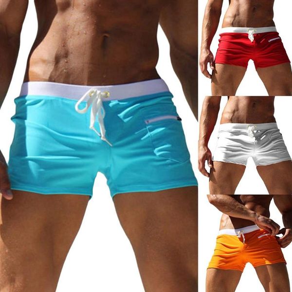 

men solid color swimming trunks drawstring pocket slim beach shorts swimwear men's, White;black