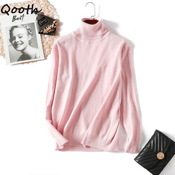 

qooth turtleneck long sleeve multi-color sweater women's thick knitted bright line pullover sweater slim all match qt723 210518, White