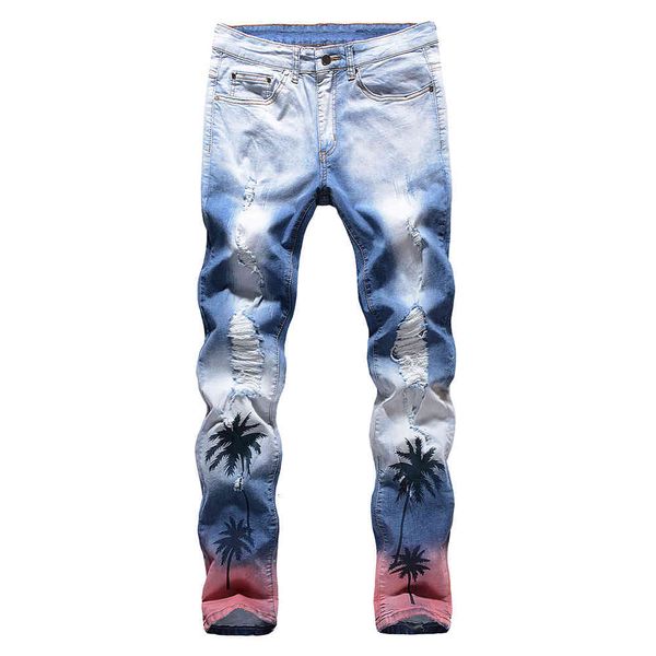 

men's jeans coconut palm print ripped streetwear slim skinny stretch denim pants plus size holes painted trousers n5g1, Blue