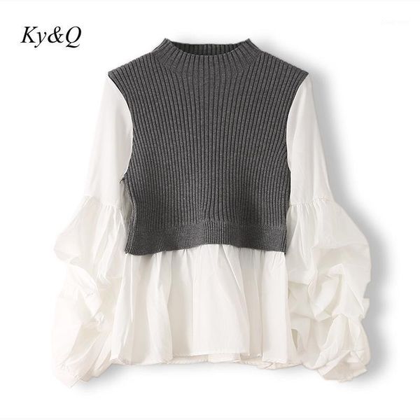 

women's sweaters 2021 spring fashion knit sweater ruffles patchwork women puff sleeve slim leaf hem fake two pullover jumper clothes, White;black