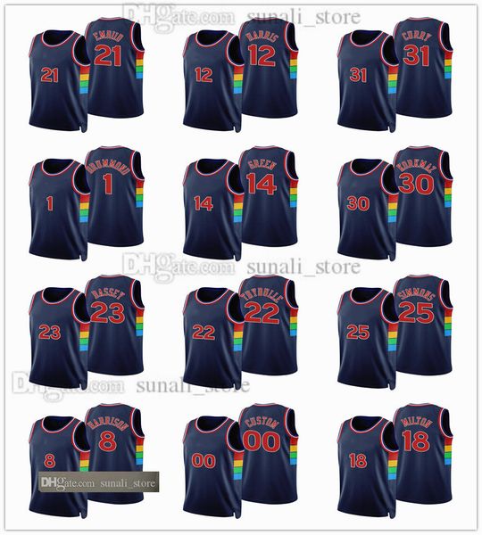 

2021-22 city 75th navy jersey basketball tobias 12 harris joel 21 embiid danny 14 green seth 31 curry tyrese 0 maxey 30 korkmaz matisse 22 t, Black;red