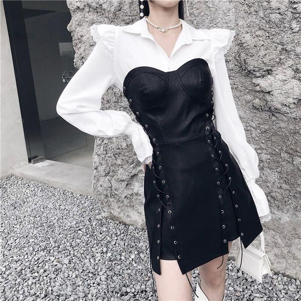 

casual dresses 2021 gothic women vintage black dress streetwear hip hop harajuku punk clothing slim high waist drawstring bandage mini, Black;gray