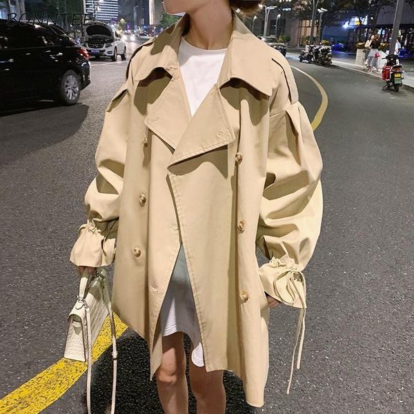 

women's trench coats women double breasted long sleeve student solid all-match autumn sashes leisure baggy turn-down collar femme cloth, Tan;black