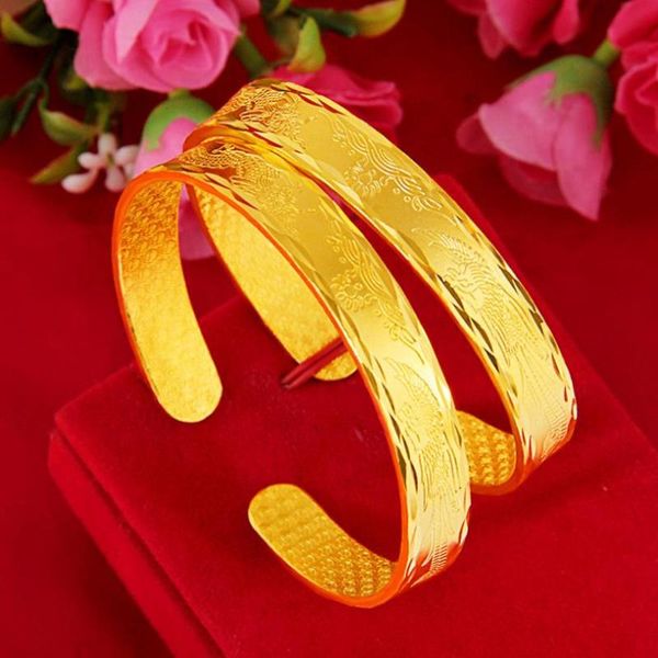 

bangle 2 pcs/lot classic cuff 24k gold bracelet fashion opening bangles for women dragon feng wedding jewelry gifts, Black