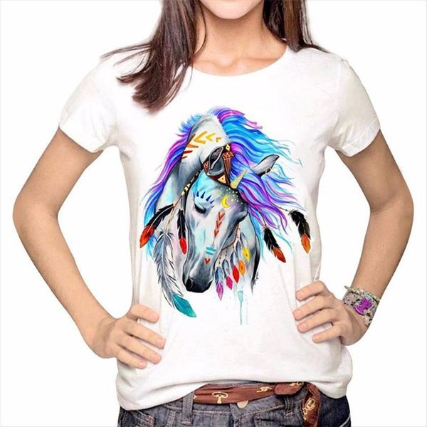 

horse head print summer womens t shirt casual short sleeve fashion, White